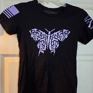 Grunt Style Women’s Black Tee with Purple Butterfly Graphic